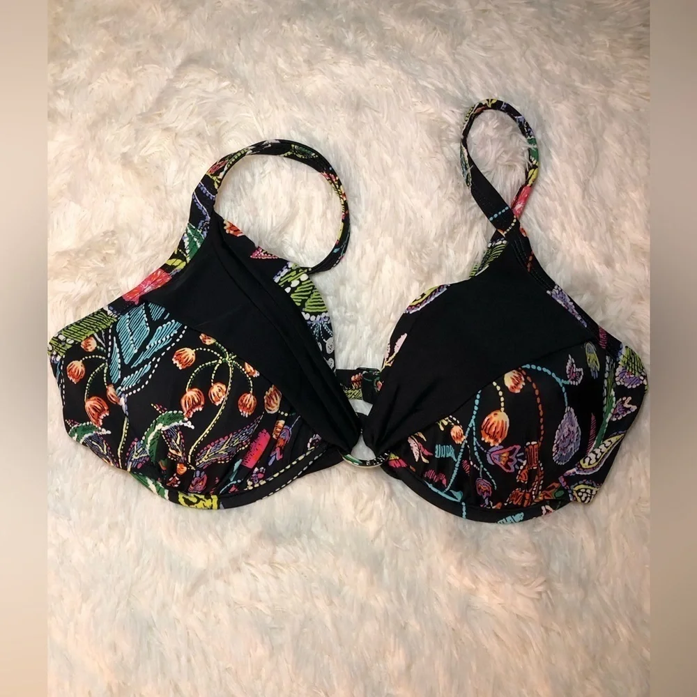 VENUS Black Bikini Top with tropical bright floral design size D